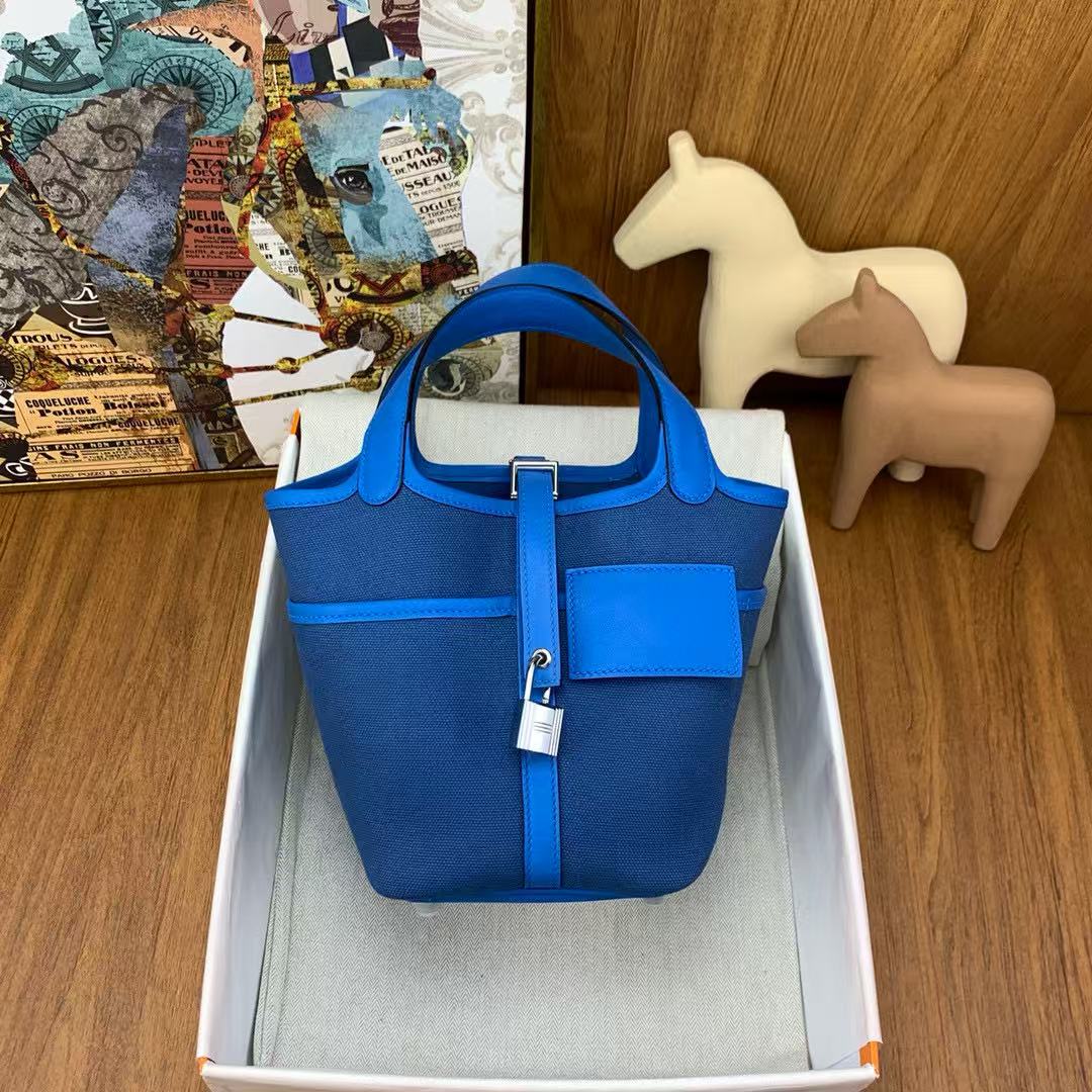 H*M PICOTIN BASKET LOCK 18 BLUE SWIFT LEATHER AND CANVAS PATCHWORK SILVER HARDWARE
