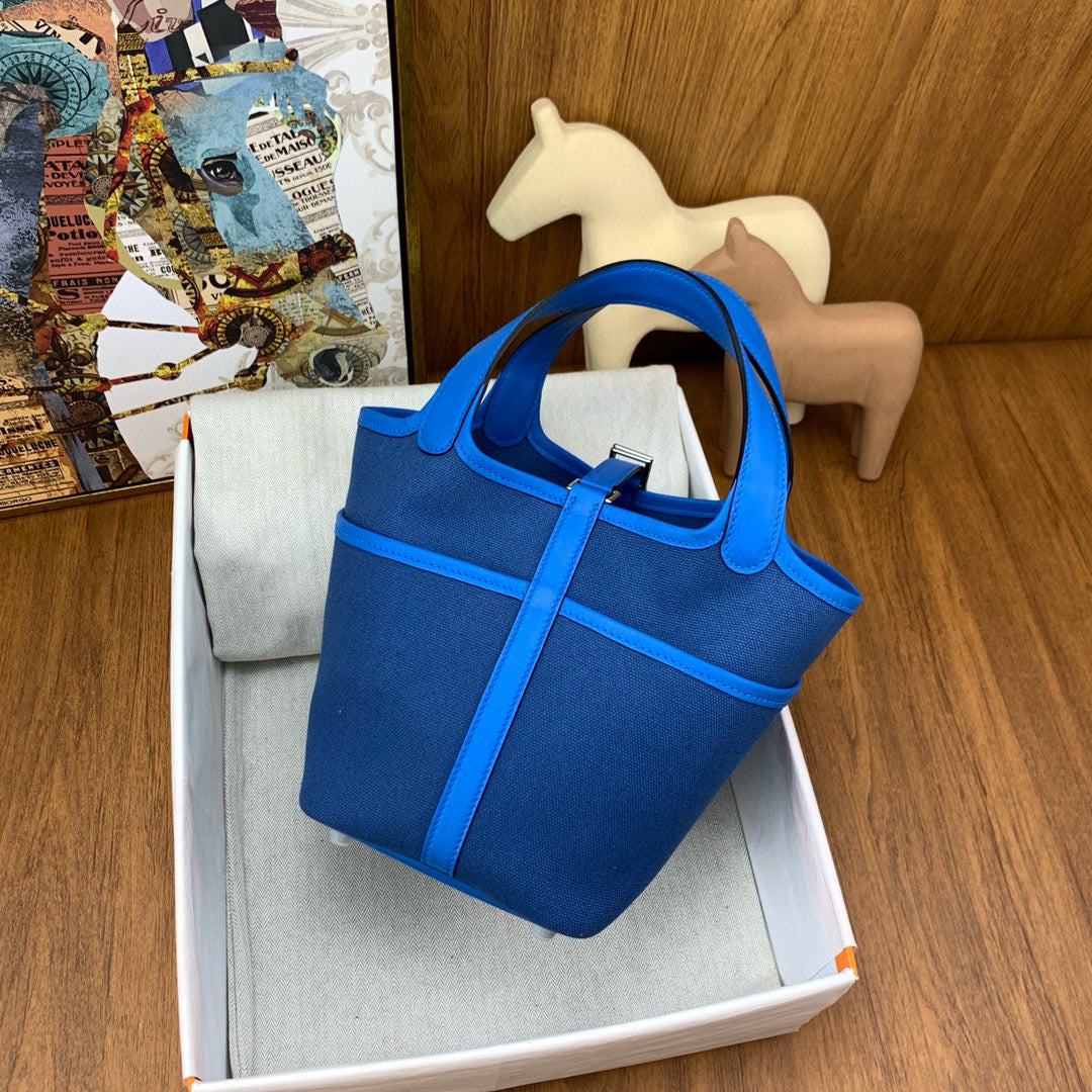 H*M PICOTIN BASKET LOCK 18 BLUE SWIFT LEATHER AND CANVAS PATCHWORK SILVER HARDWARE
