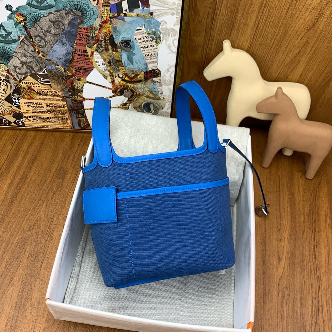 H*M PICOTIN BASKET LOCK 18 BLUE SWIFT LEATHER AND CANVAS PATCHWORK SILVER HARDWARE