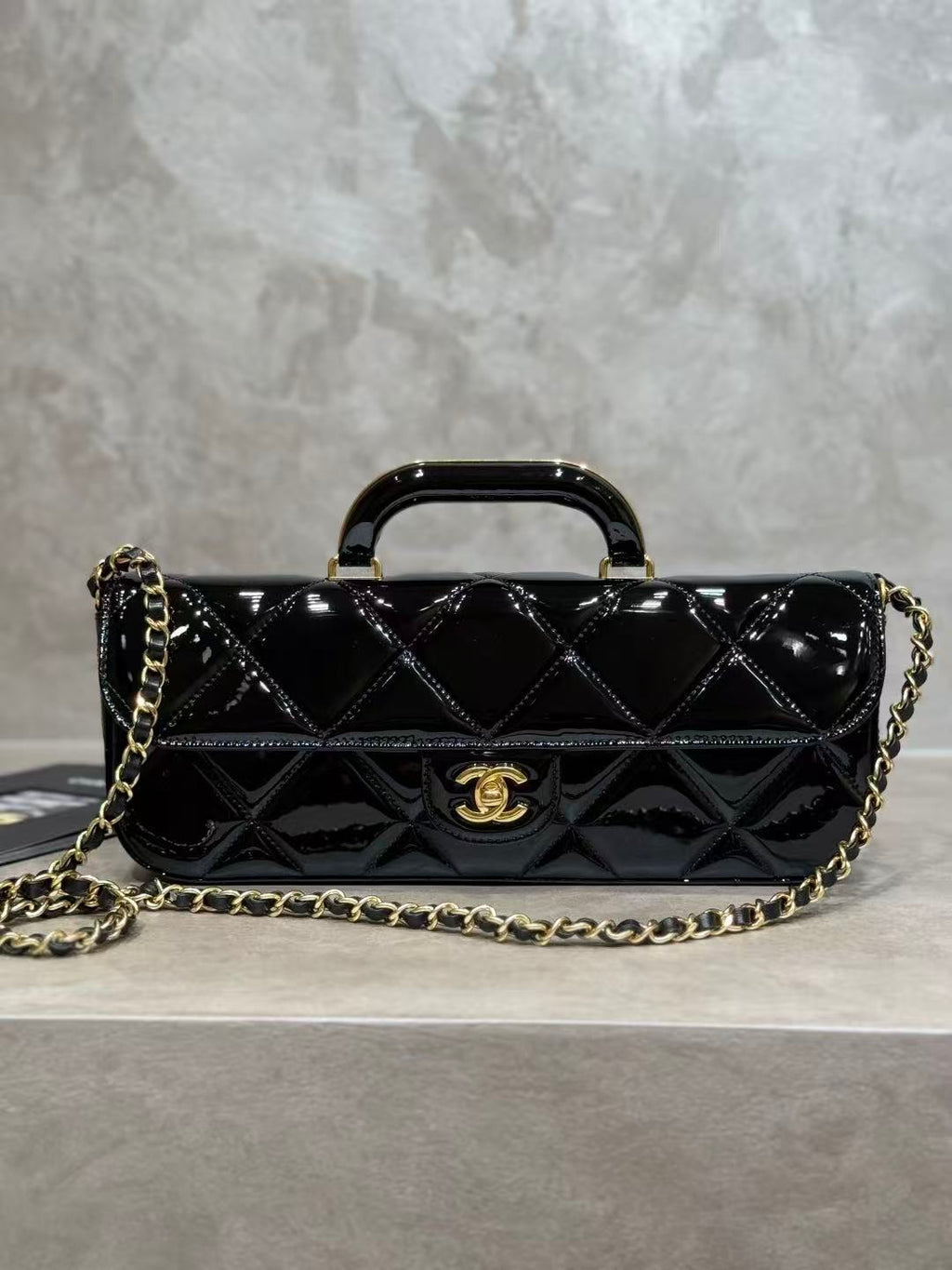 C*C 25K Large Flap Bag with Top Handle Chain Strap Black Patent Calfskin GHW