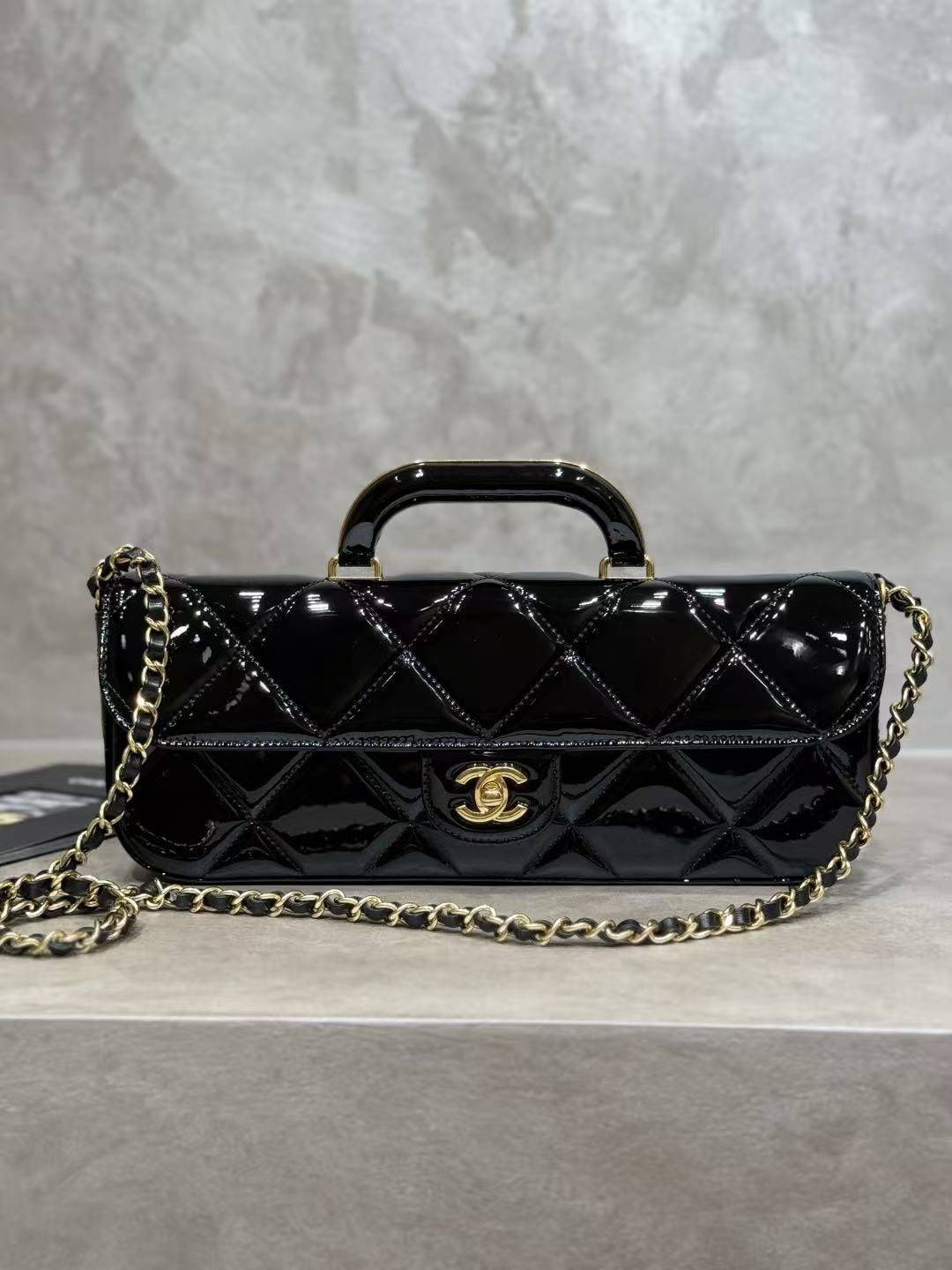 C*C 25K Large Flap Bag with Top Handle Chain Strap Black Patent Calfskin GHW