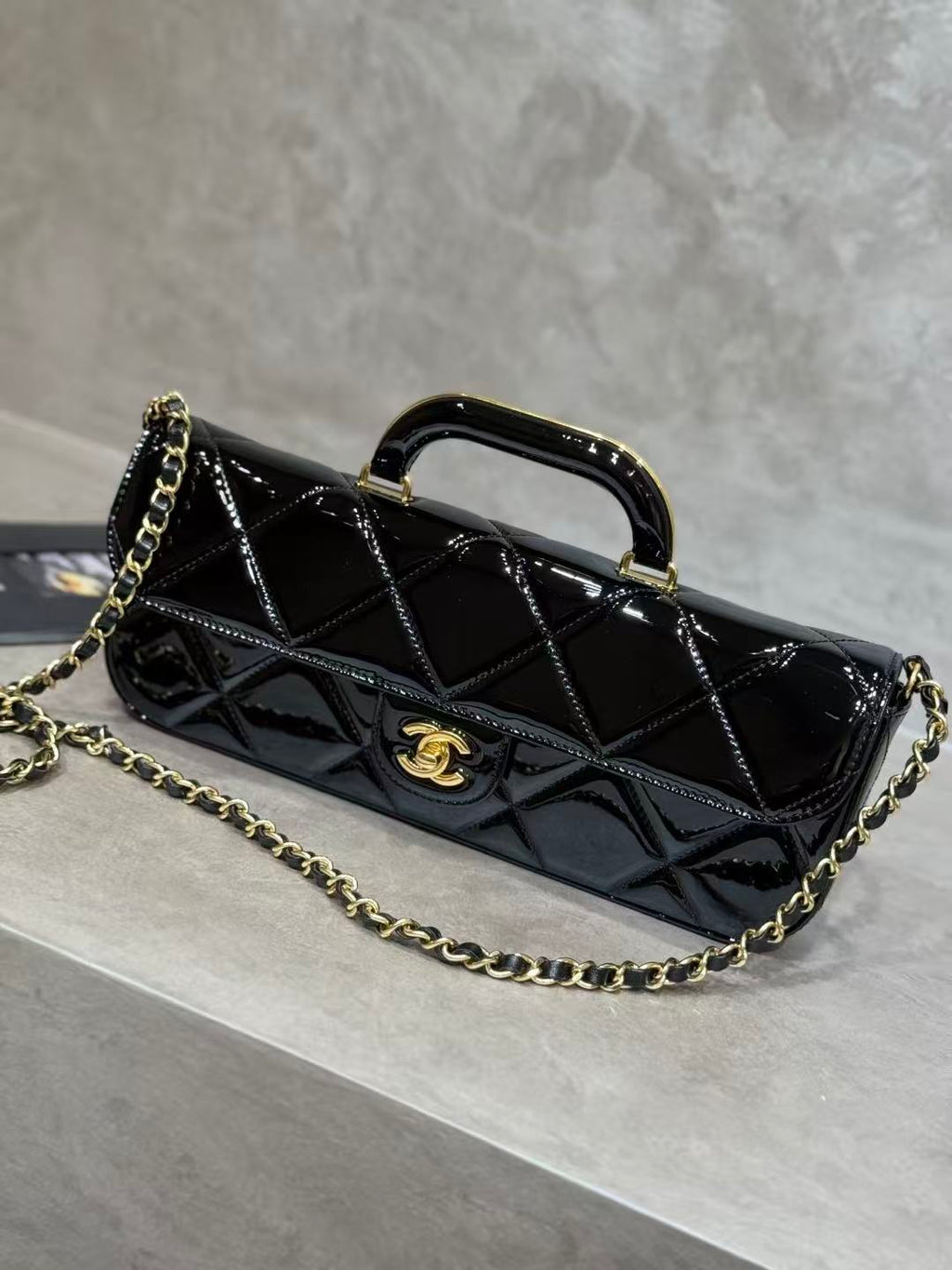 C*C 25K Large Flap Bag with Top Handle Chain Strap Black Patent Calfskin GHW
