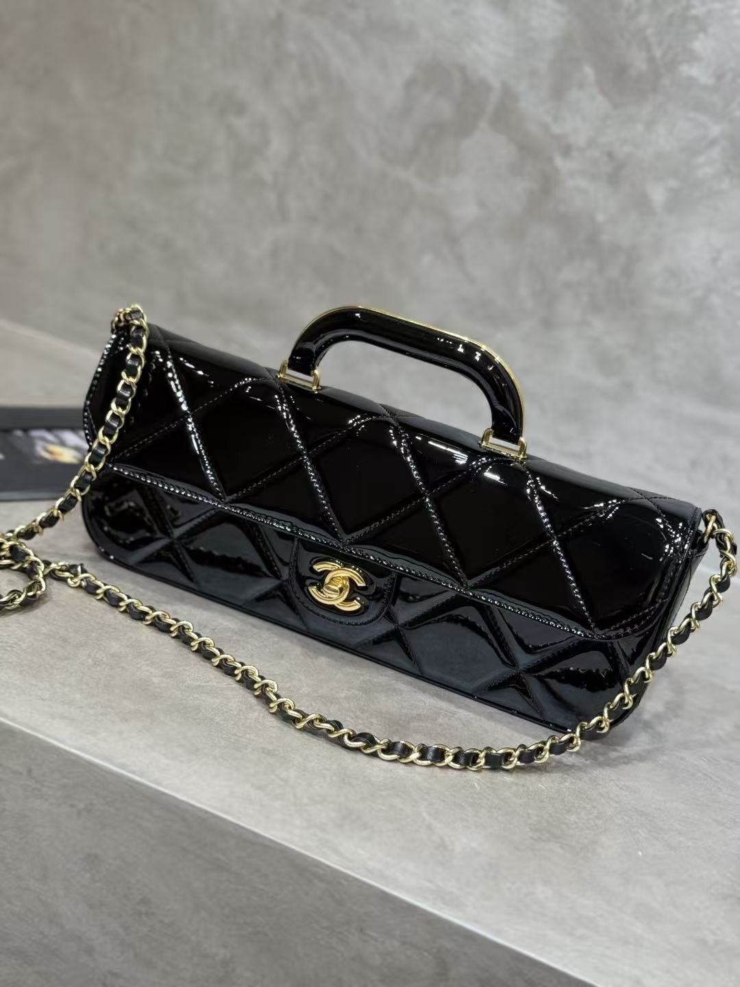 C*C 25K Large Flap Bag with Top Handle Chain Strap Black Patent Calfskin GHW