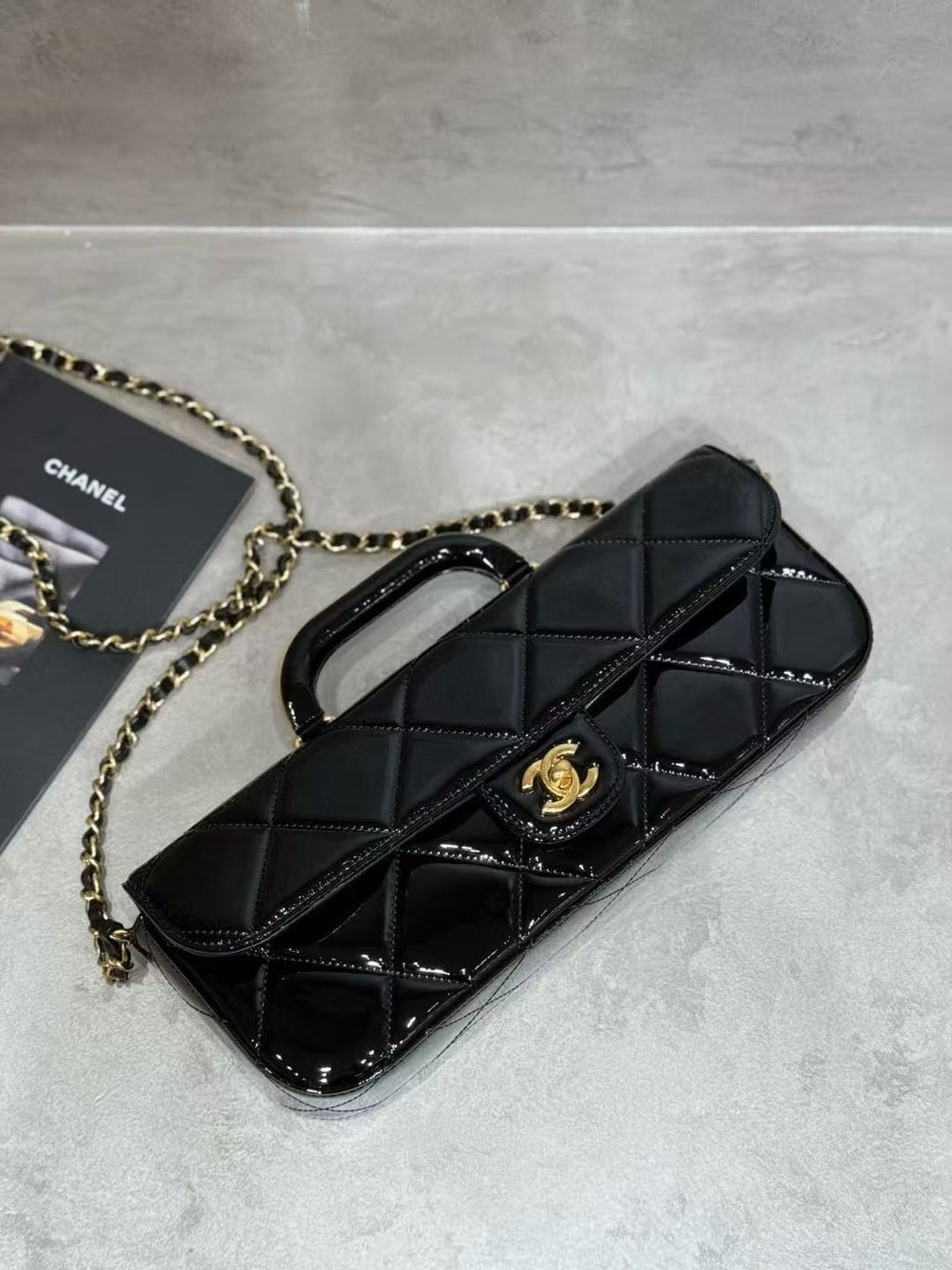 C*C 25K Large Flap Bag with Top Handle Chain Strap Black Patent Calfskin GHW