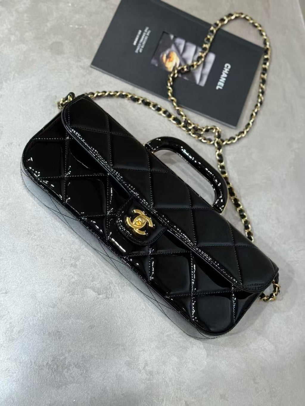 C*C 25K Large Flap Bag with Top Handle Chain Strap Black Patent Calfskin GHW