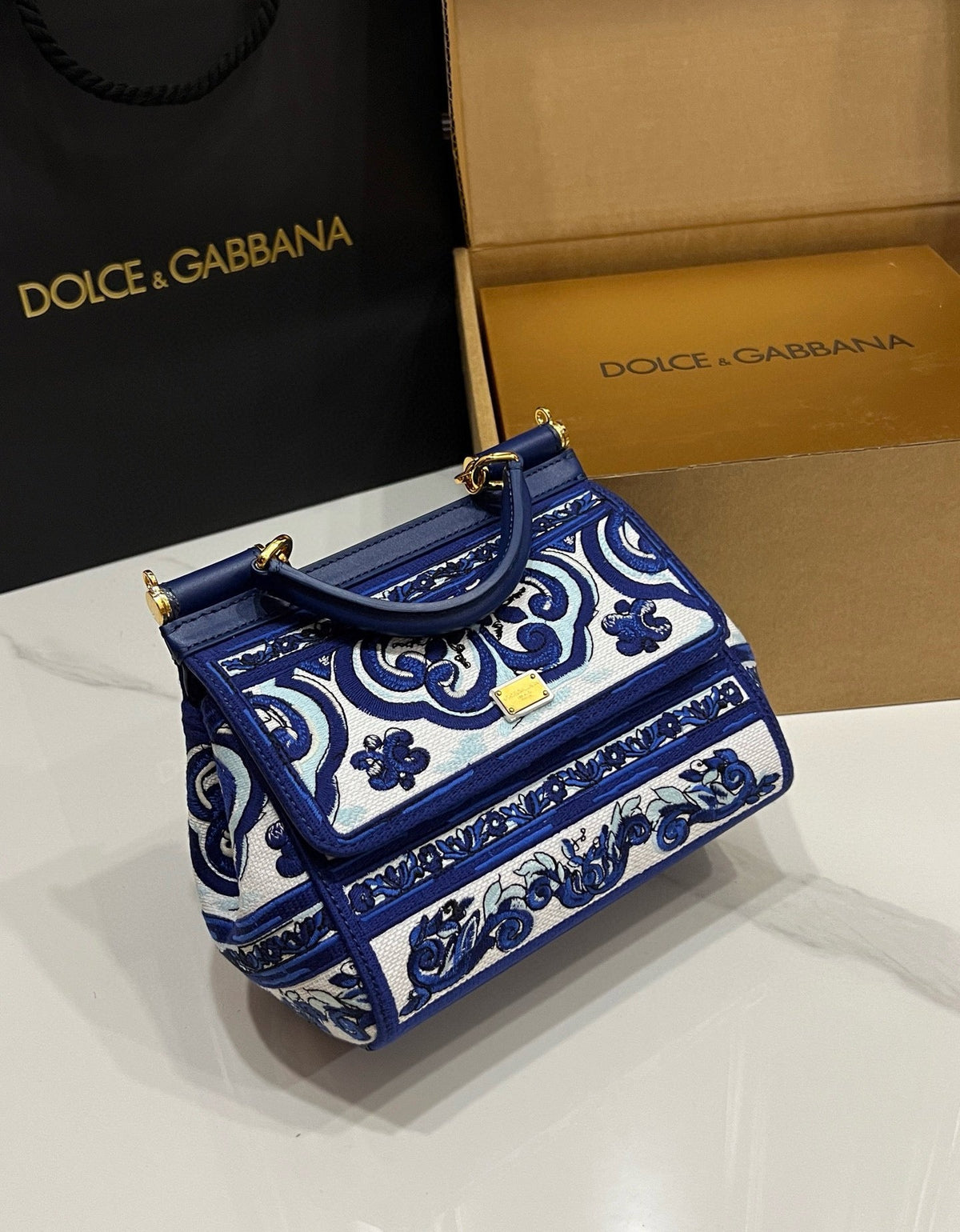 D*lce & G*bbana Porcelain Sicily Bag 20cm Blue and White Embroidery Calfskin