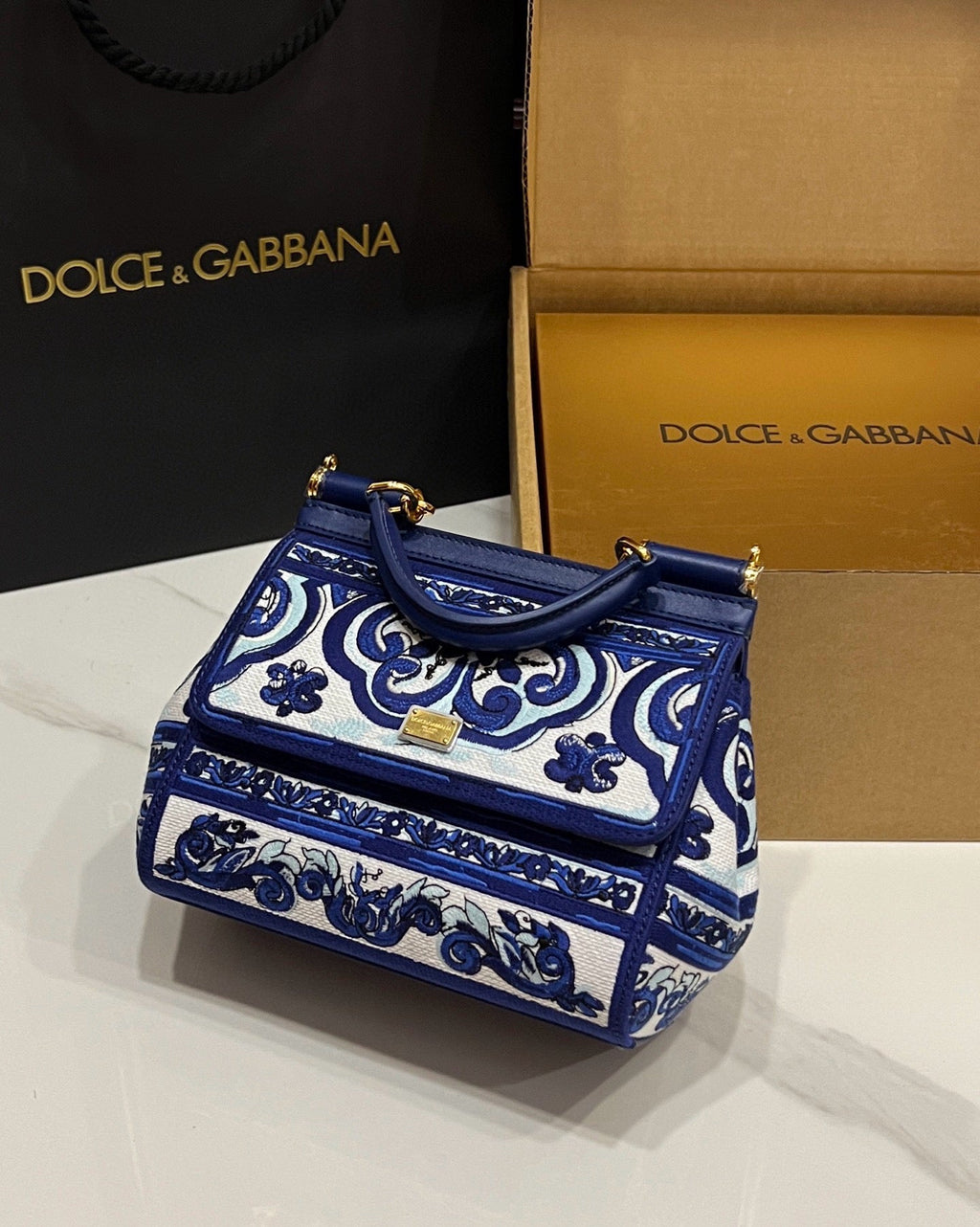 D*lce & G*bbana Porcelain Sicily Bag 20cm Blue and White Embroidery Calfskin