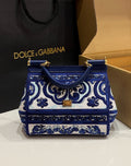 D*lce & G*bbana Porcelain Sicily Bag 20cm Blue and White Embroidery Calfskin