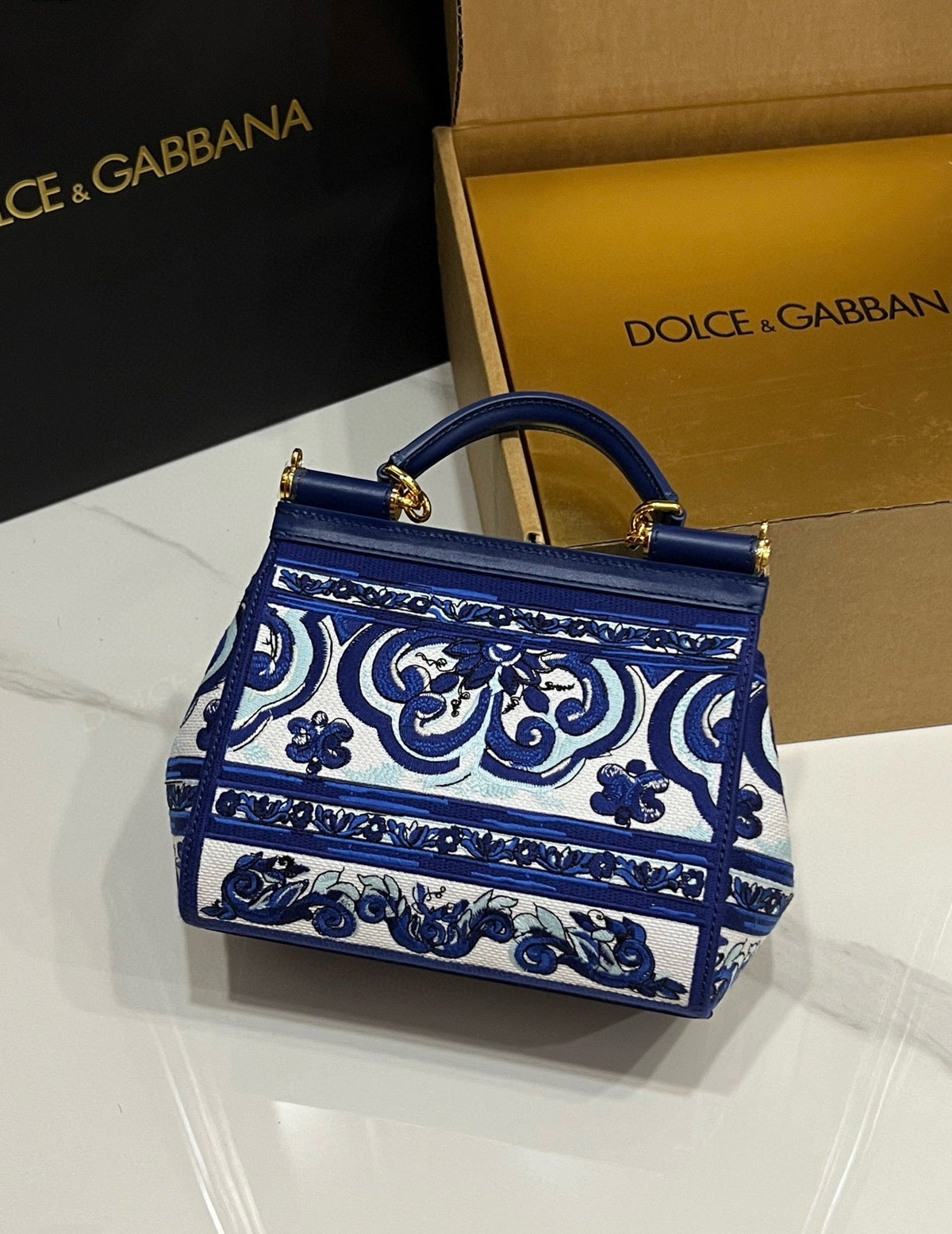 D*lce & G*bbana Porcelain Sicily Bag 20cm Blue and White Embroidery Calfskin