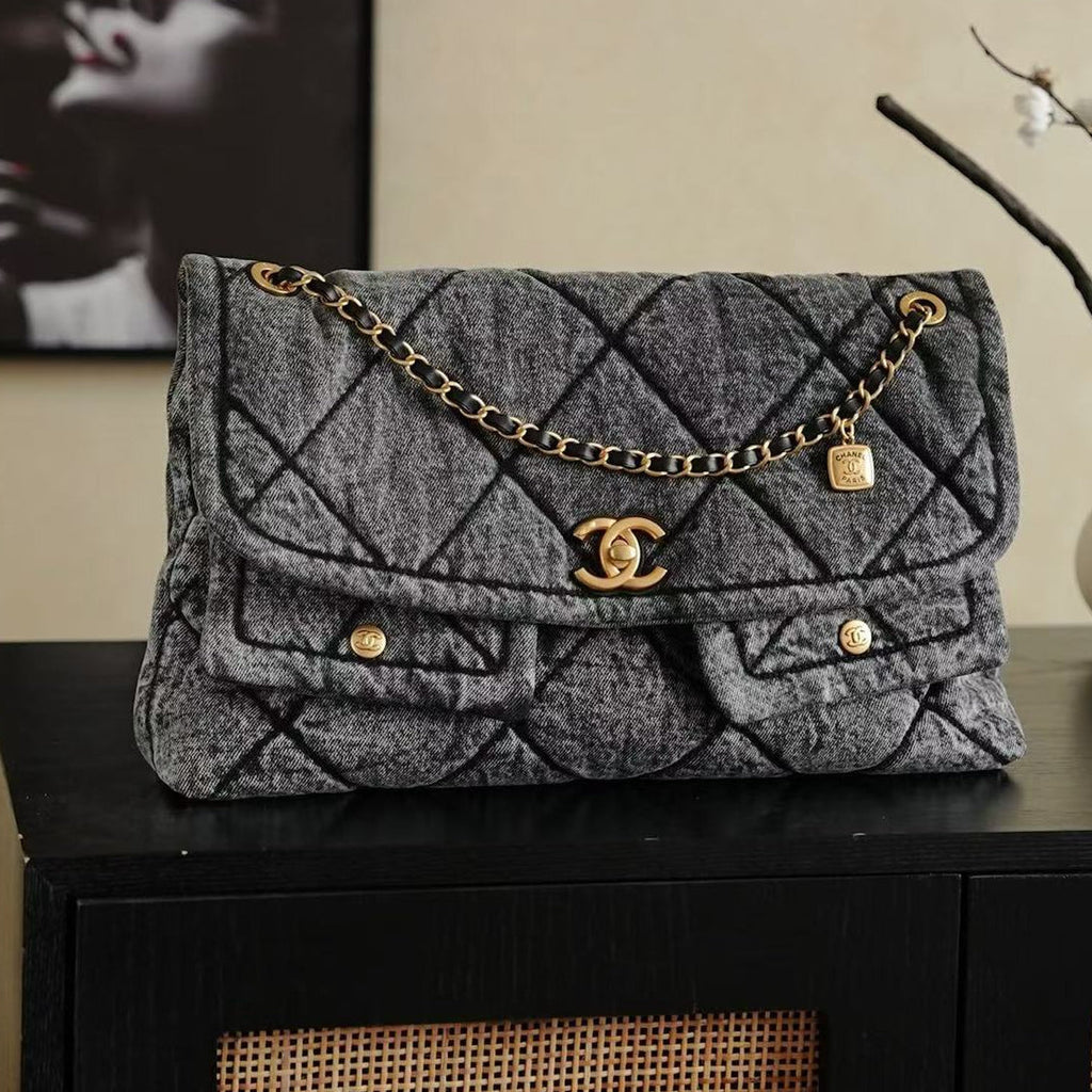 C*C 2025 Classic Flap Bag Black Denim Fabric Gold Hardware