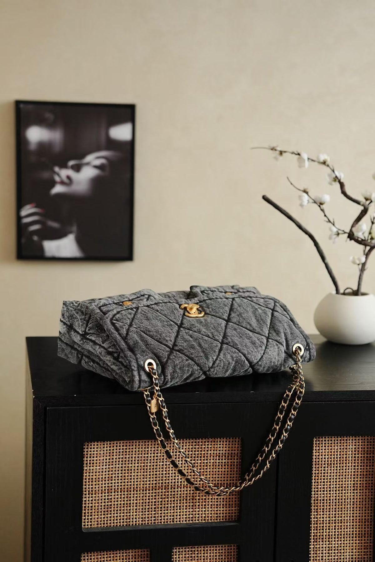 C*C 2025 Classic Flap Bag Black Denim Fabric Gold Hardware