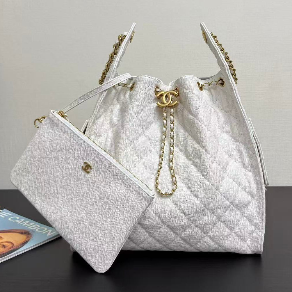 Ch*nel 2025 Hobo Bag 40cm White Grained Calfskin