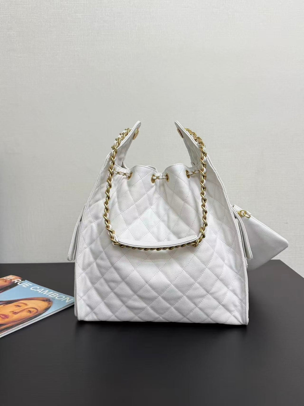 Ch*nel 2025 Hobo Bag 40cm White Grained Calfskin
