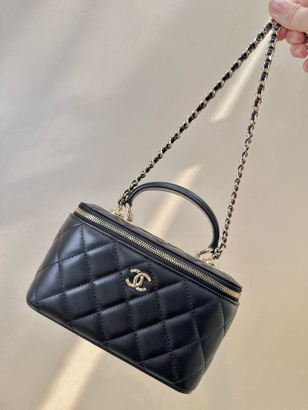 C*C Mirror Vanity Case Top Handle Chain Strap Black Lambskin GHW
