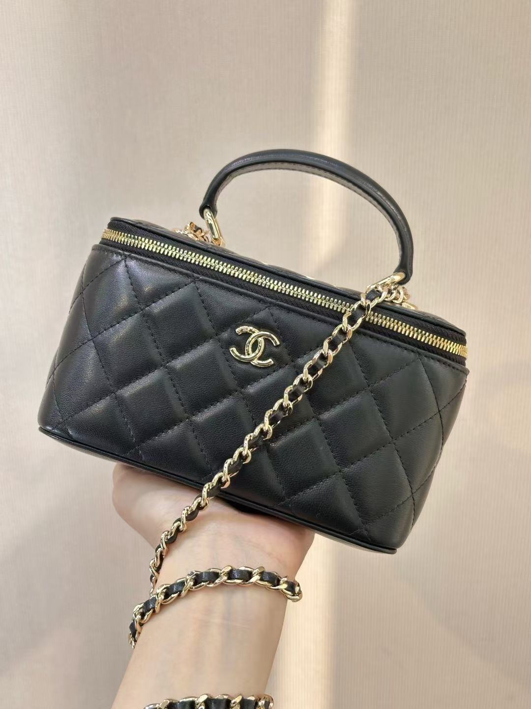 C*C Mirror Vanity Case Top Handle Chain Strap Black Lambskin GHW