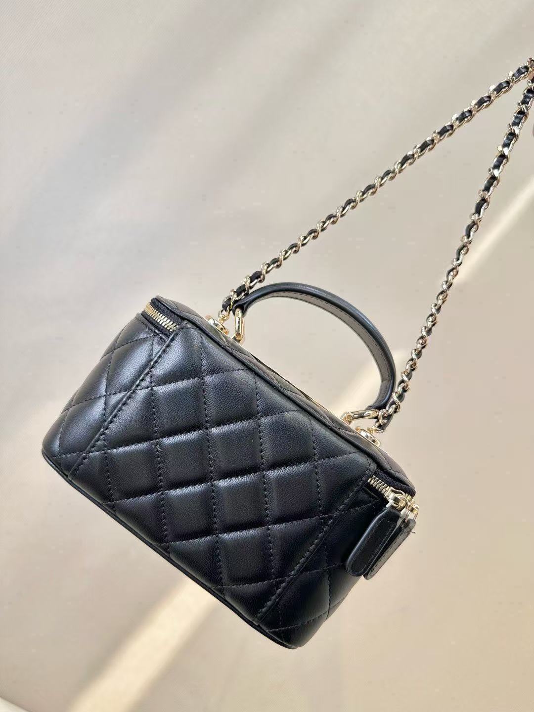 C*C Mirror Vanity Case Top Handle Chain Strap Black Lambskin GHW
