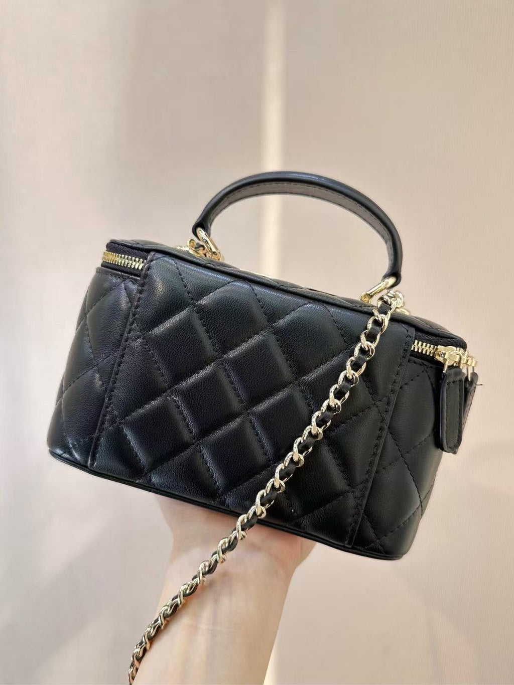 C*C Mirror Vanity Case Top Handle Chain Strap Black Lambskin GHW