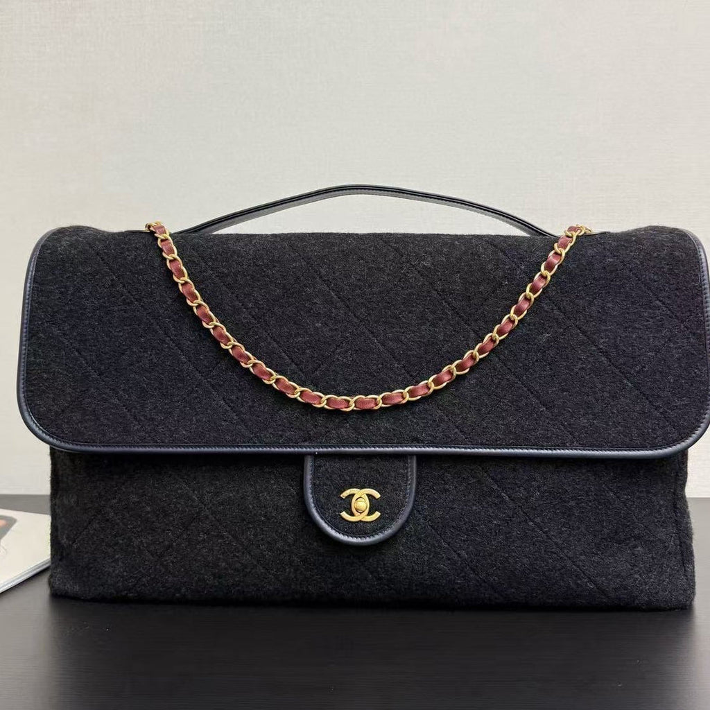 C*C 2025 Maxi Flap Bag With Top Handle 56cm Black Wool Leather