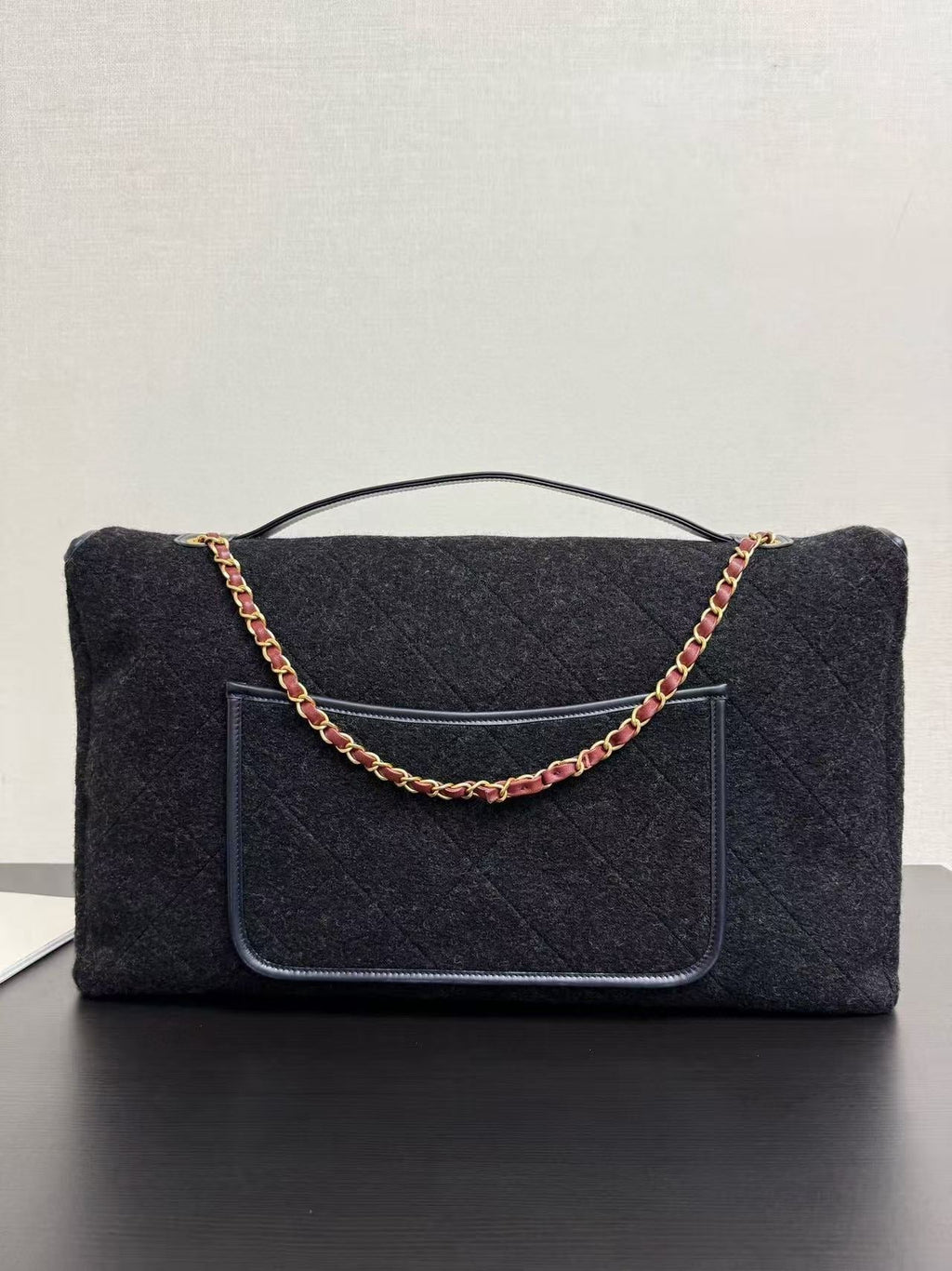 C*C 2025 Maxi Flap Bag With Top Handle 56cm Black Wool Leather
