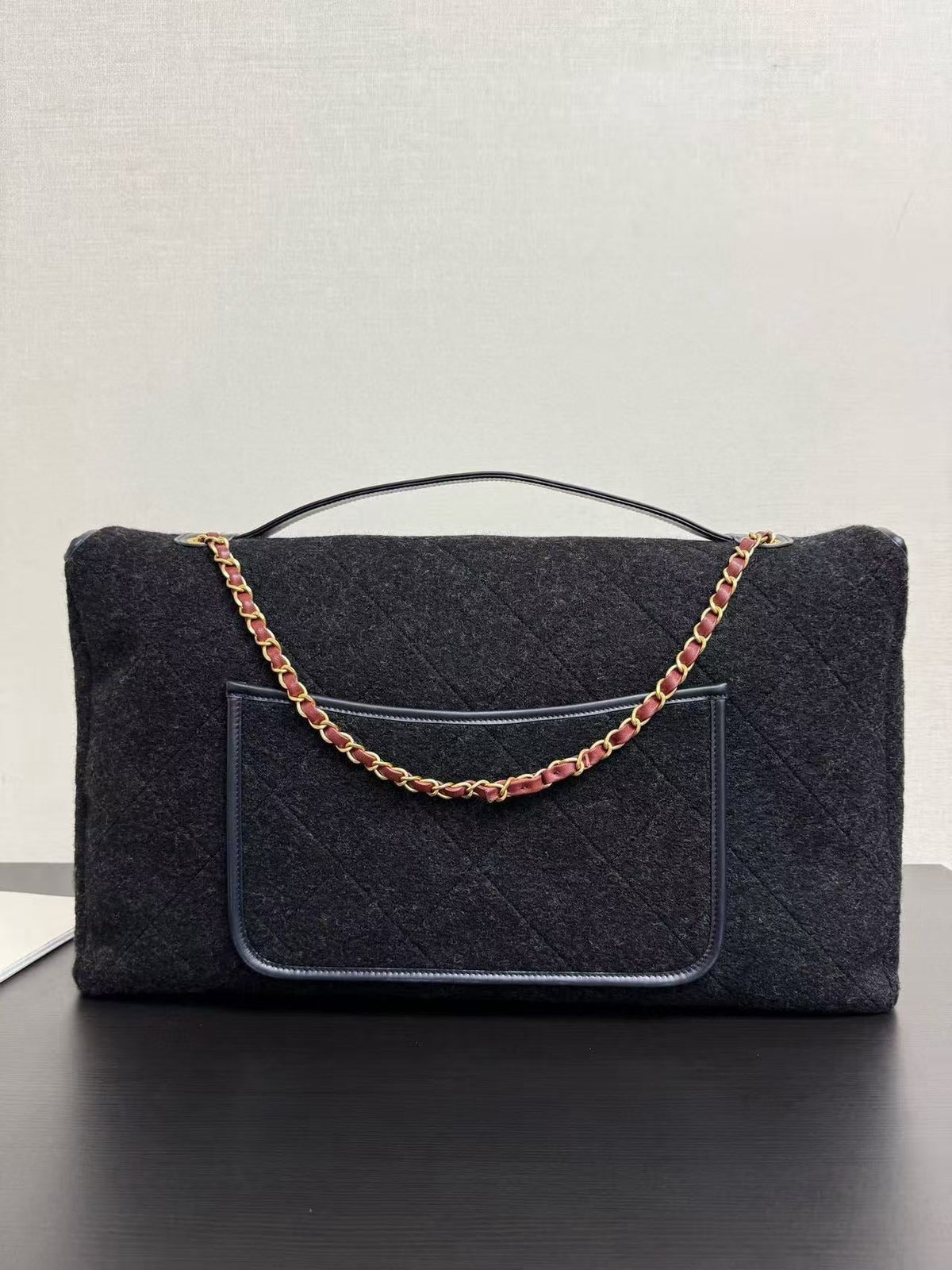 C*C 2025 Maxi Flap Bag With Top Handle 56cm Black Wool Leather