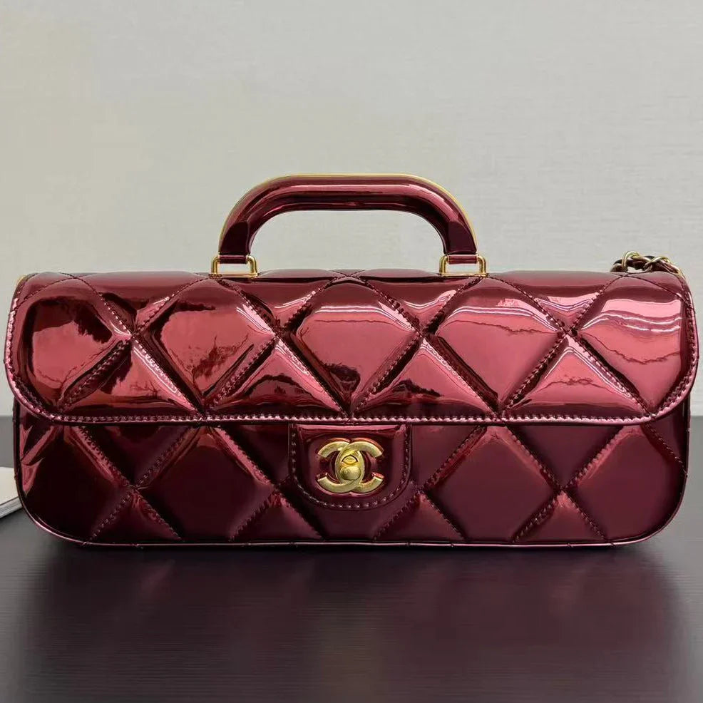 Ch*nel Flap Bag Top Handle Metallic Mirror Calfskin Gold Tone Metal