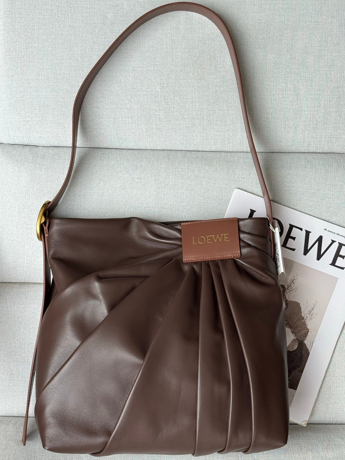 L*ewe 2025 Draped Tote Bag Dark Chestnut Mellow Nappa Lambskin