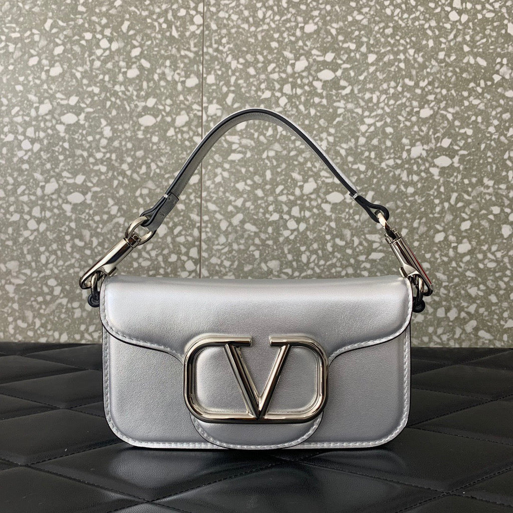 V*lentino G*ravani Small Locò Shoulder Bag Sliver Metallic Leather