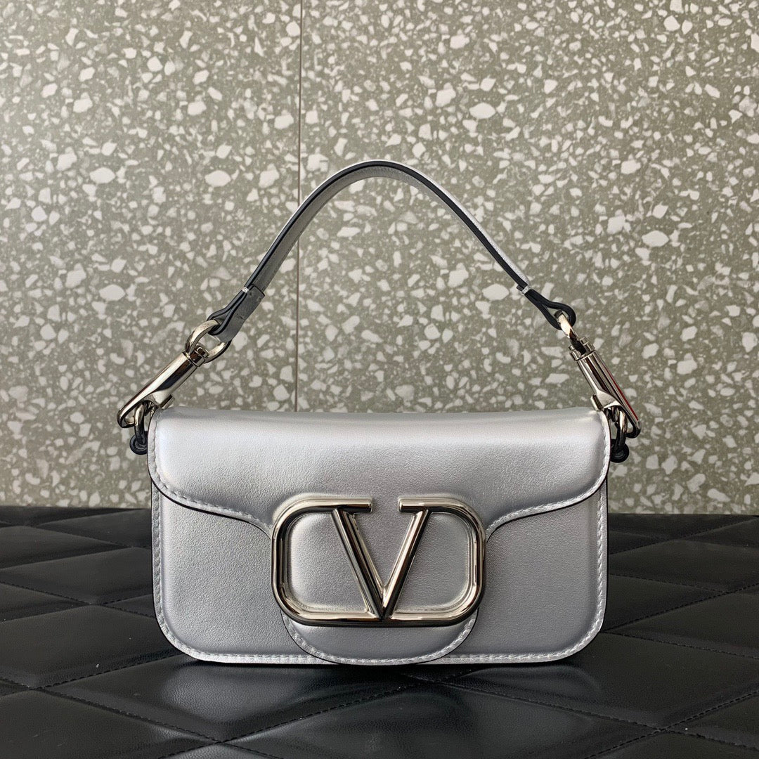 V*lentino G*ravani Small Locò Shoulder Bag Sliver Metallic Leather