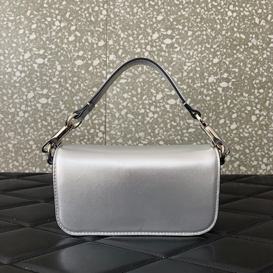 V*lentino G*ravani Small Locò Shoulder Bag Sliver Metallic Leather