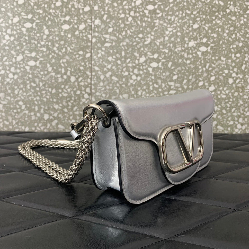 V*lentino G*ravani Small Locò Shoulder Bag Sliver Metallic Leather