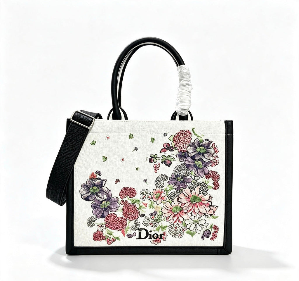 C*D Book Tote Strap D*or Hortensia Garden Embroidery Canvas
