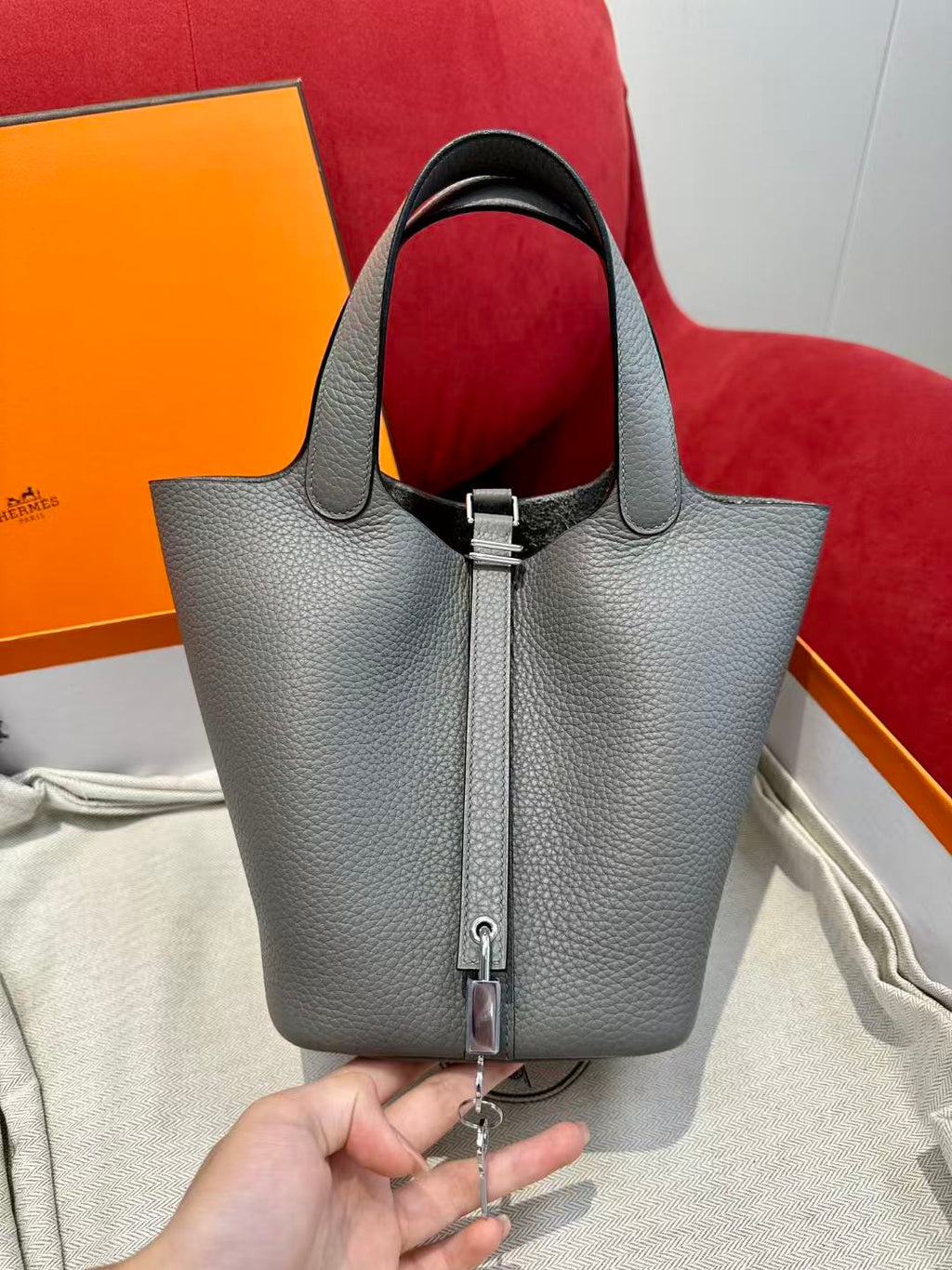H*M Picotin Lock 18 Bag Grey Cowhide