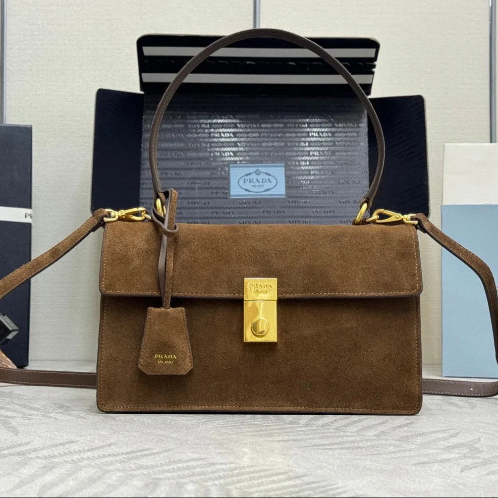 Pr*da 2026 Soft Sound Bag 28cm Brown Suede Leather