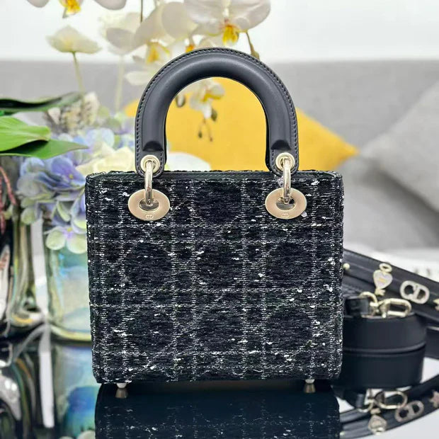 D*or 2026 Lady D*or Bag 20cm Black Gold Tweed Leather