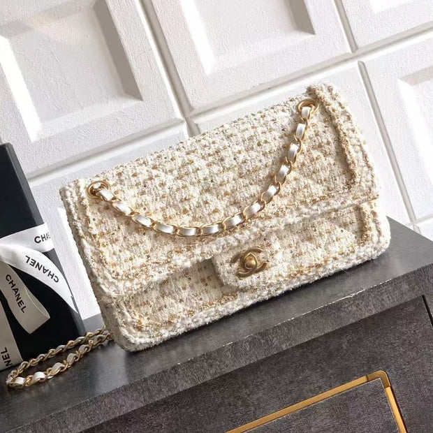 Ch*nel 2026 Quilted Rectangular Flap Bag 25cm White Gold Tweed Leather
