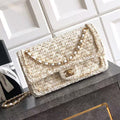 Ch*nel 2026 Quilted Rectangular Flap Bag 25cm White Gold Tweed Leather