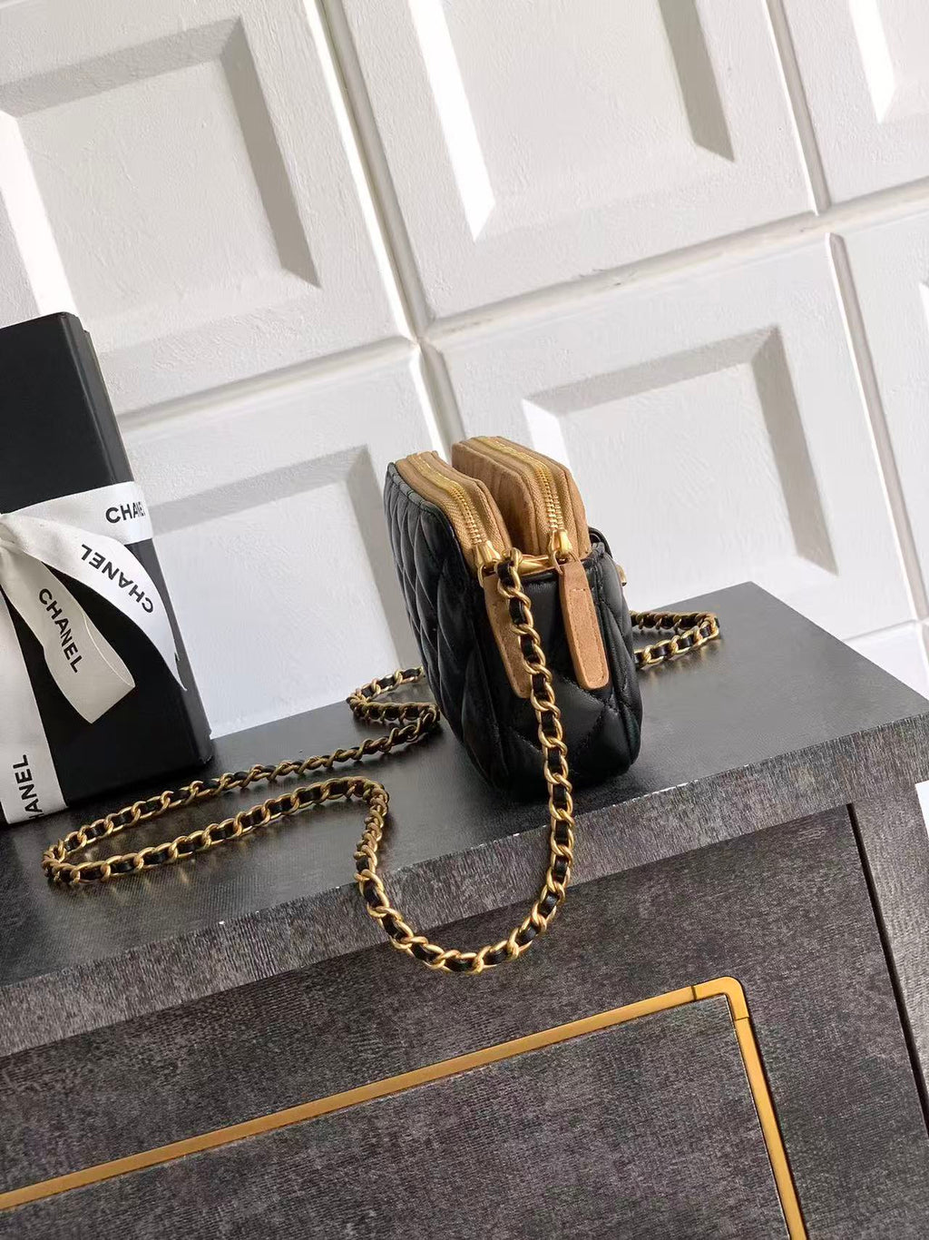C*C 25A Touch Phone Holder Bag 17.5cm with Chain Black Brown Lamskin