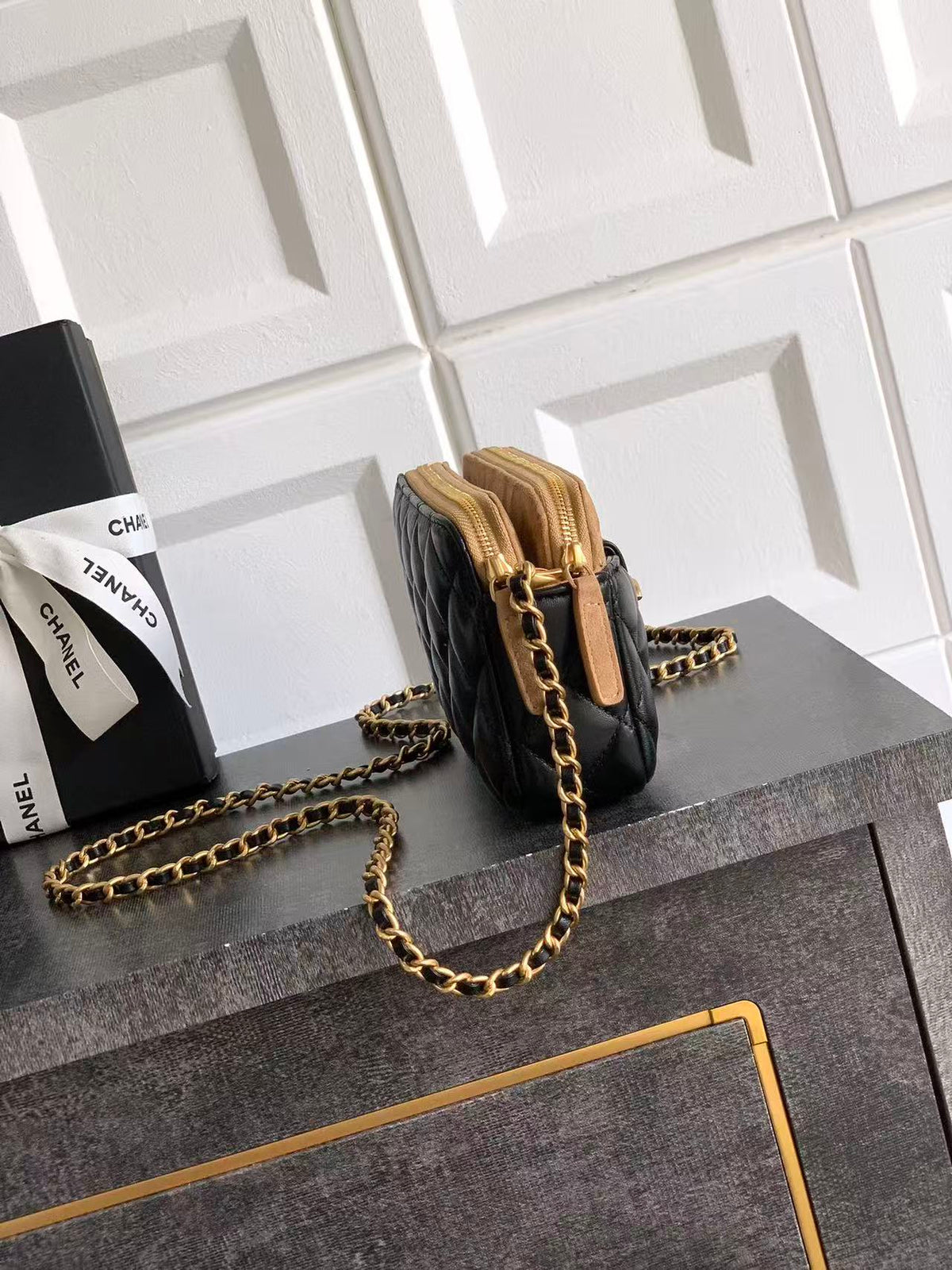 C*C 25A Touch Phone Holder Bag 17.5cm with Chain Black Brown Lamskin