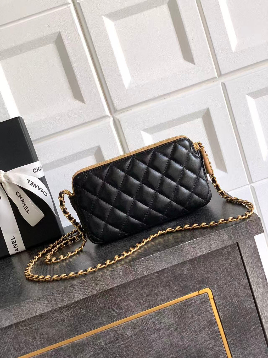 C*C 25A Touch Phone Holder Bag 17.5cm with Chain Black Brown Lamskin