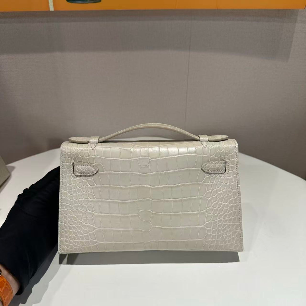 H*M KELLY  POCHETTE 22 CREAM AMERICAN ALLIGATOR SILVER BUCKLE (MADE - TO - ODER)