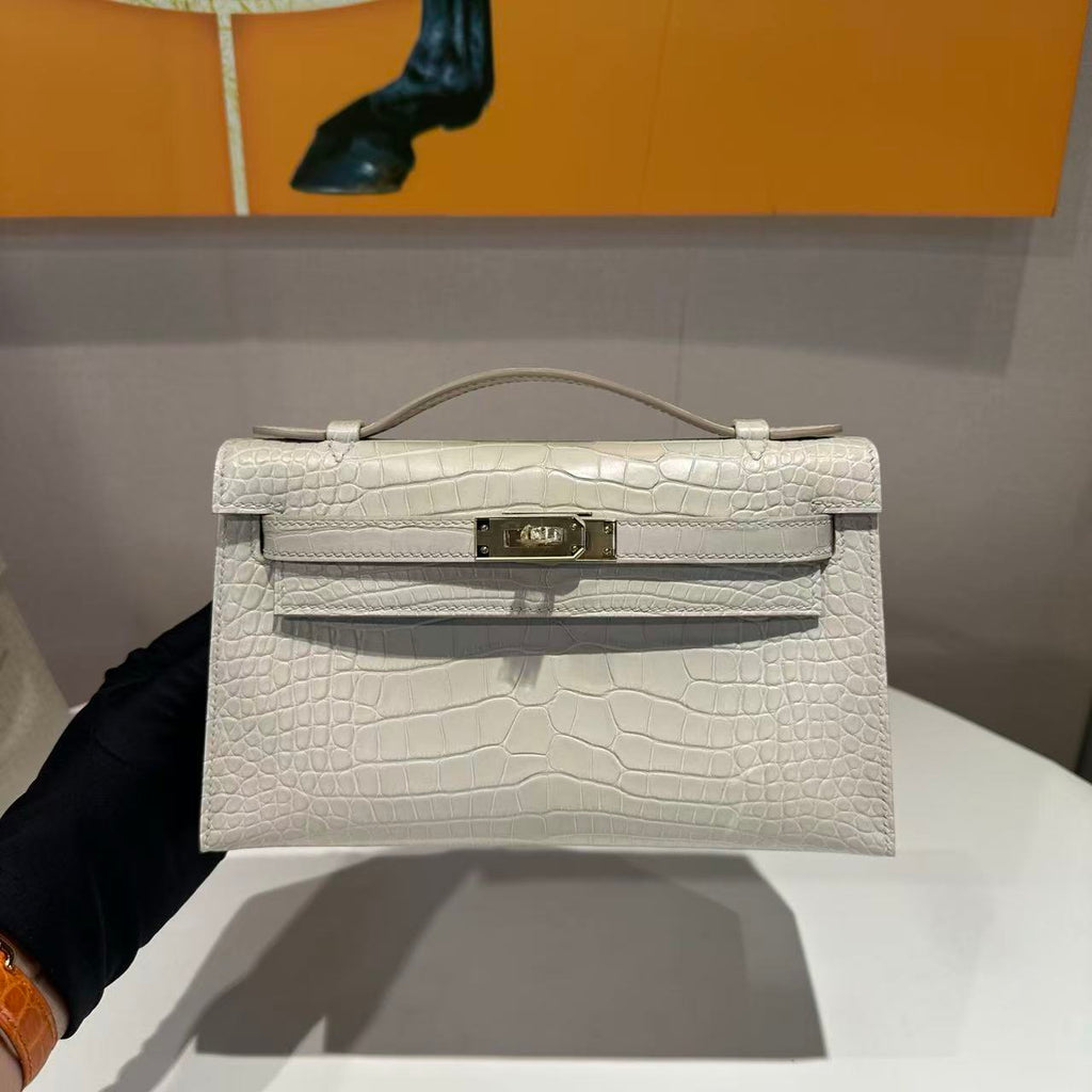 H*M KELLY  POCHETTE 22 CREAM AMERICAN ALLIGATOR SILVER BUCKLE (MADE - TO - ODER)