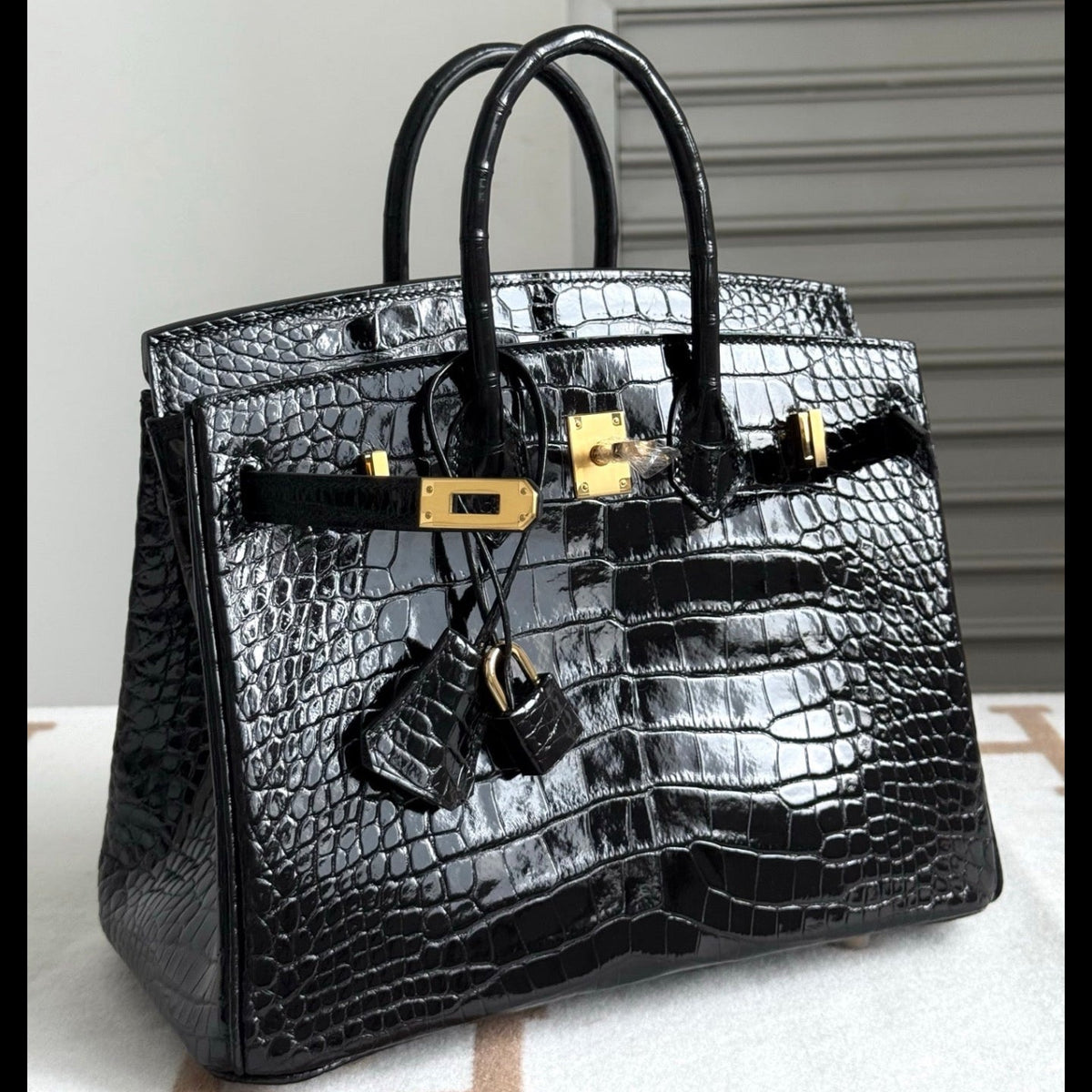 H*M Birkin 35cm Black Glossy Crocodile Leather GHW