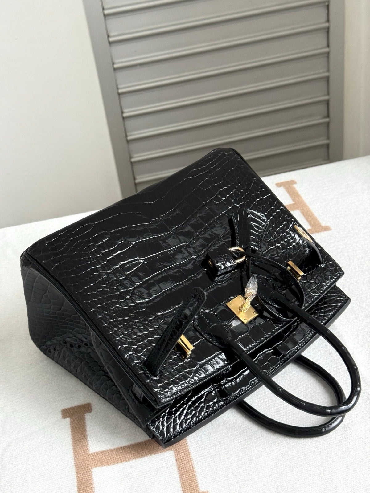 H*M Birkin 35cm Black Glossy Crocodile Leather GHW