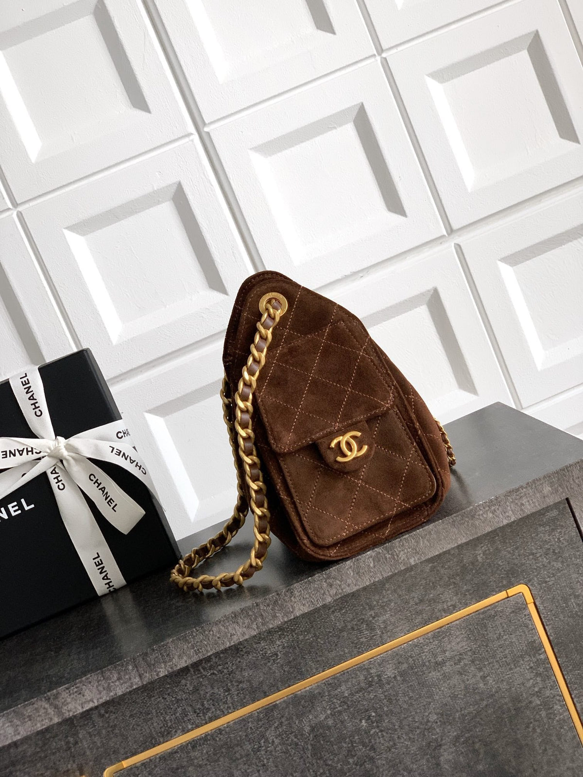 Ch*nel 25S HOBO BAG 22 CM IN DARK BROWN SUEDE WITH GOLD HARDWARE