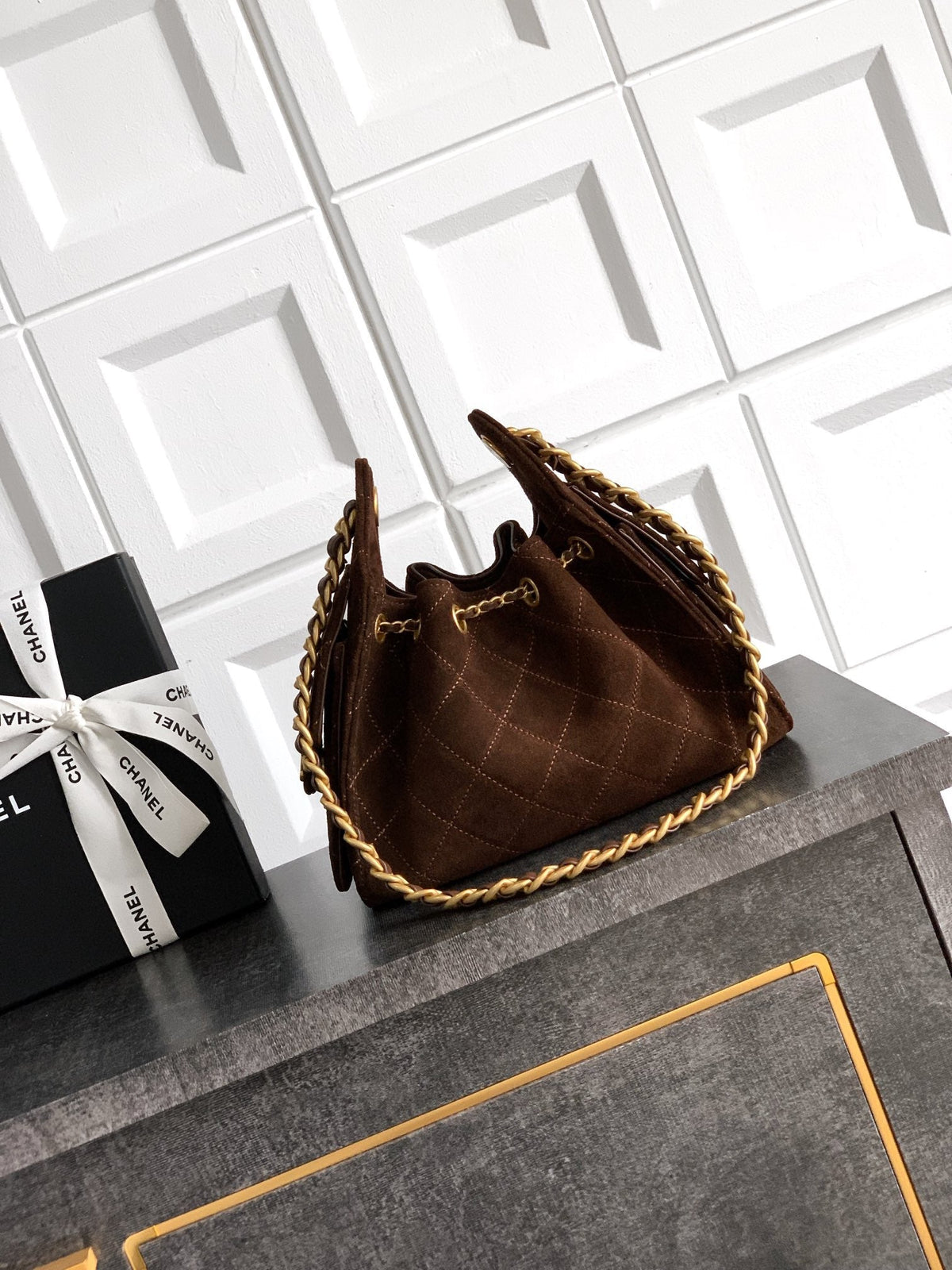 Ch*nel 25S HOBO BAG 22 CM IN DARK BROWN SUEDE WITH GOLD HARDWARE