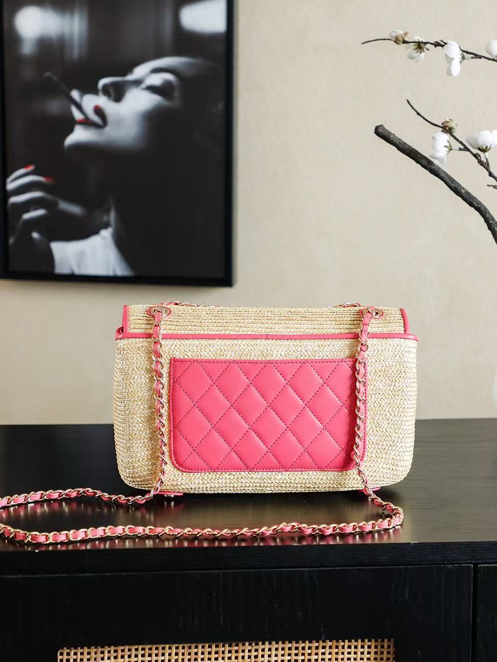 C*C 25/26 Smal Flap Bag 23cm Beige Pink Straw Lambskin