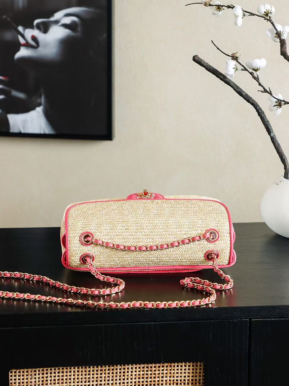 C*C 25/26 Smal Flap Bag 23cm Beige Pink Straw Lambskin