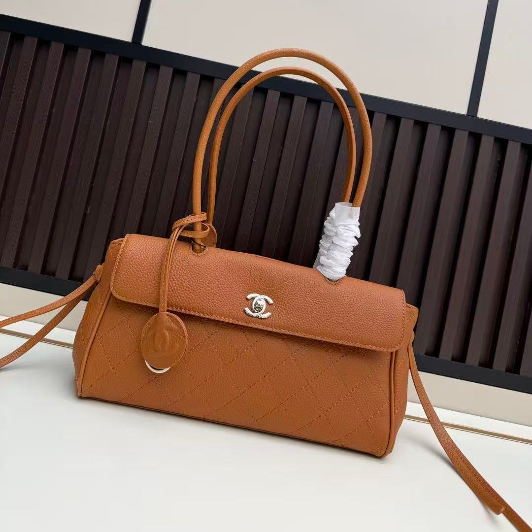 Ch*nel Flap Bag Top Handle 30cm Brown Cowhide Leather