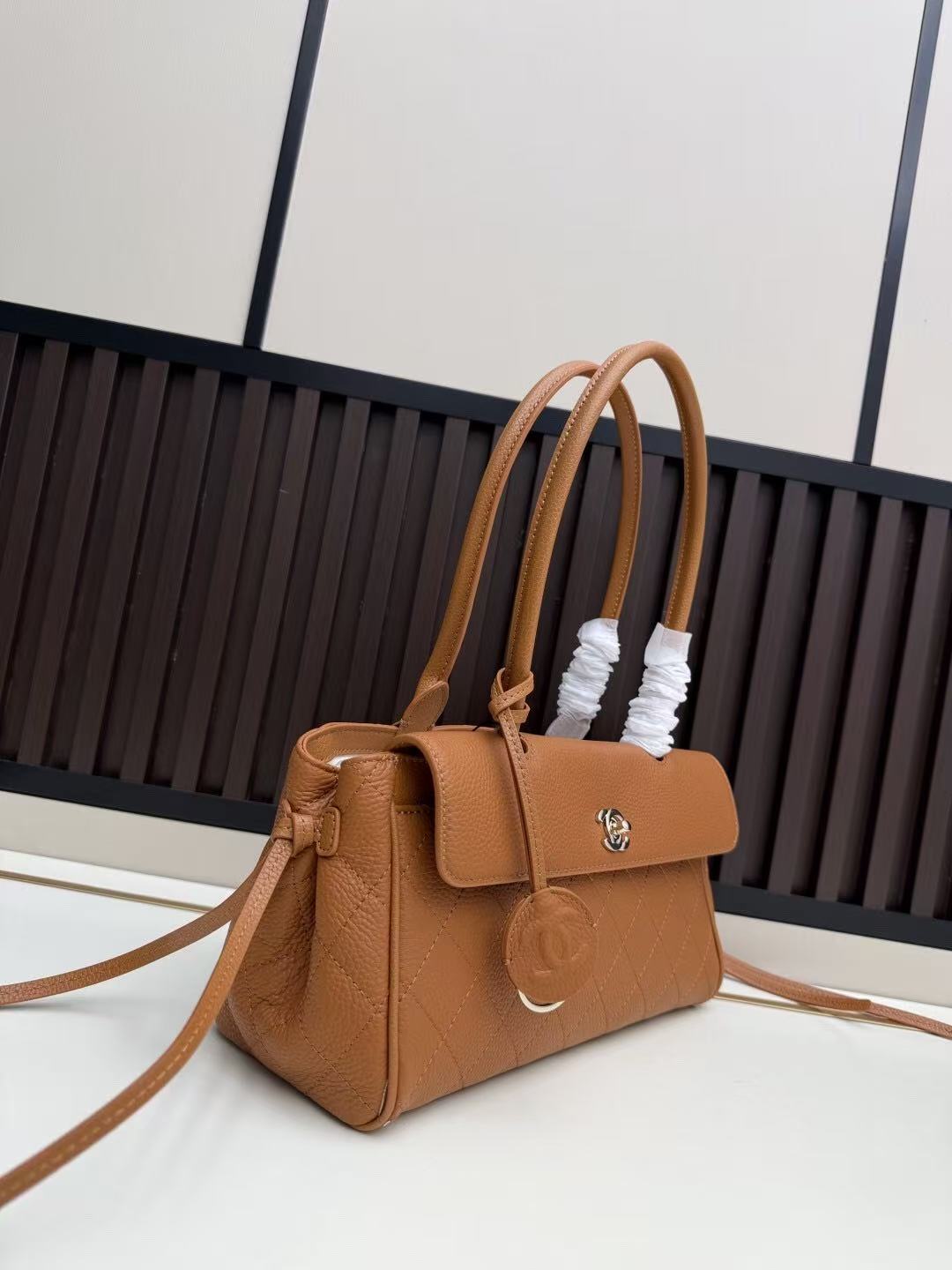 Ch*nel Flap Bag Top Handle 30cm Brown Cowhide Leather