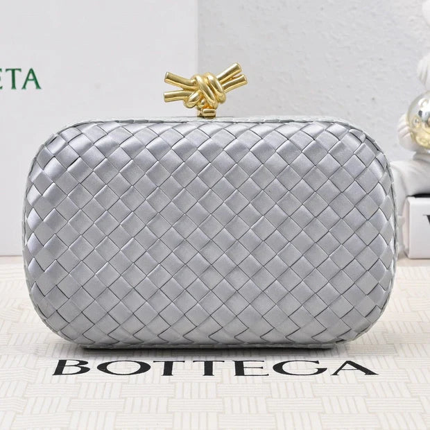 B*ttega V*neta 2026 Knot Clutch 20cm Silver Gold Woven Leather